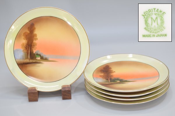 オールドノリタケ 絵皿 5客 M-JAPAN印 金彩 夕暮れの湖畔 風景 オールドノリタケ 絵皿 5客 M-JAPAN印 金彩 夕暮れの湖畔 風景