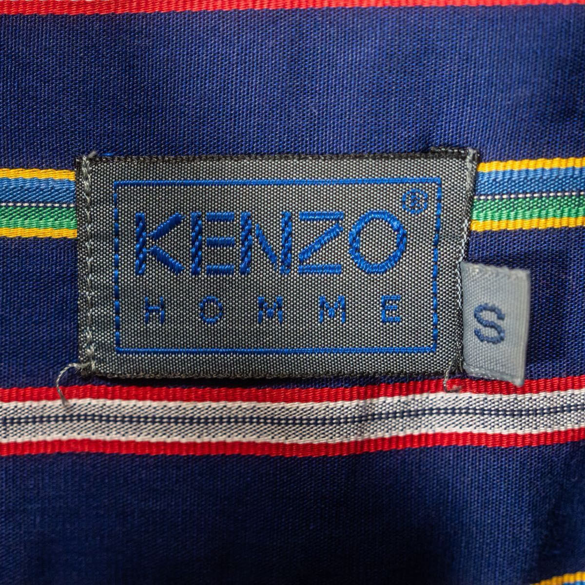 KENZO ケンゾー　オールド　長袖シャツ　縦ストライプ　ヴィンテージ　古着　刺繍ロゴ　ネイビー系　メンズ