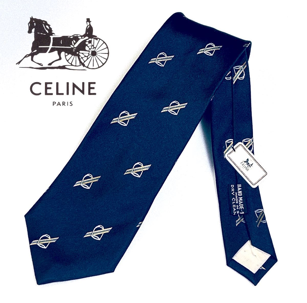 新品】CELINE セリーヌ ネクタイ 馬車柄 タグ ネイビー YU 新品】CELINE セリーヌ ネクタイ 馬車柄 タグ ネイビー YU