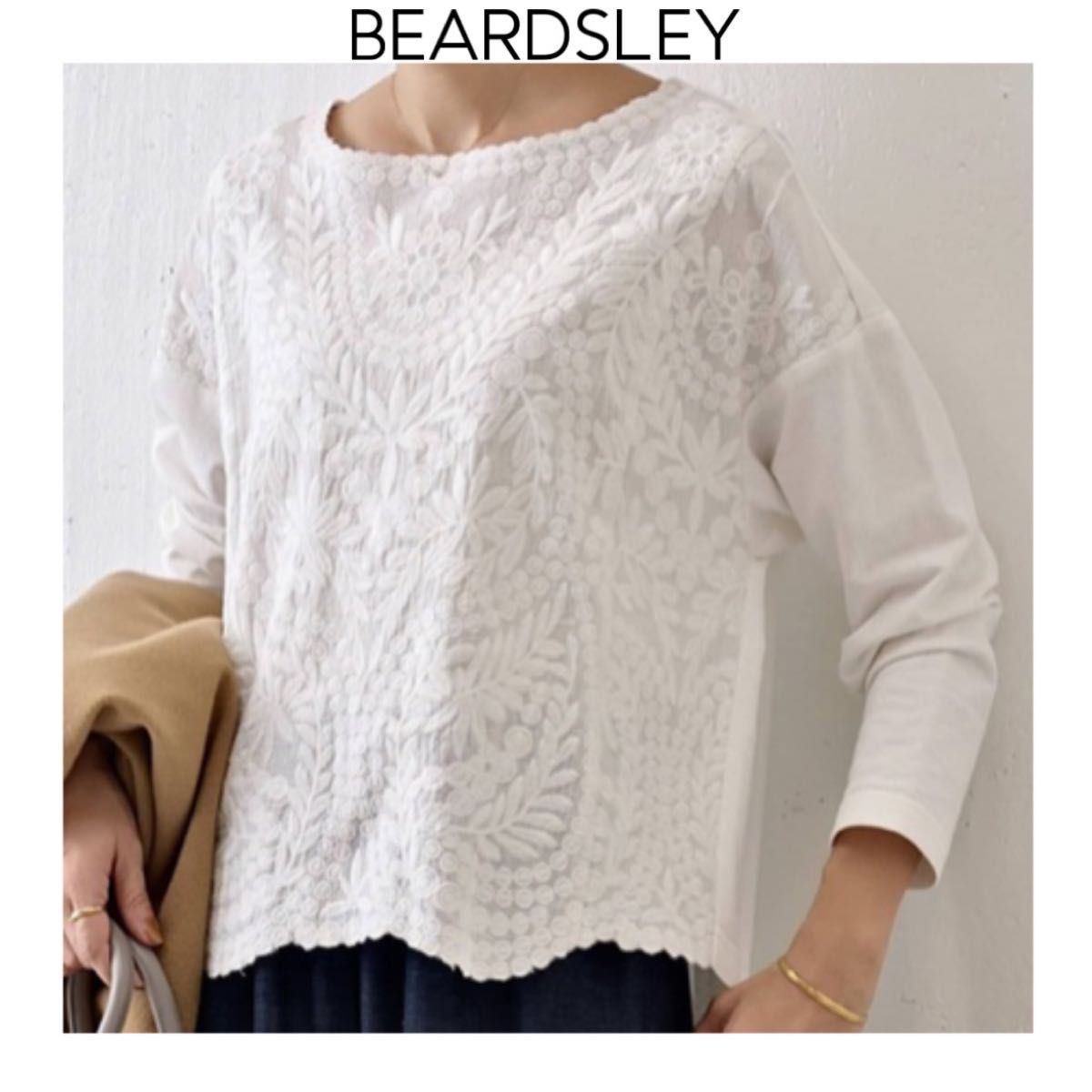 BEARDSLEY フロント刺繍カットソー ホワイト ビアズリー 長袖 BEARDSLEY フロント刺繍カットソー ホワイト ビアズリー 長袖