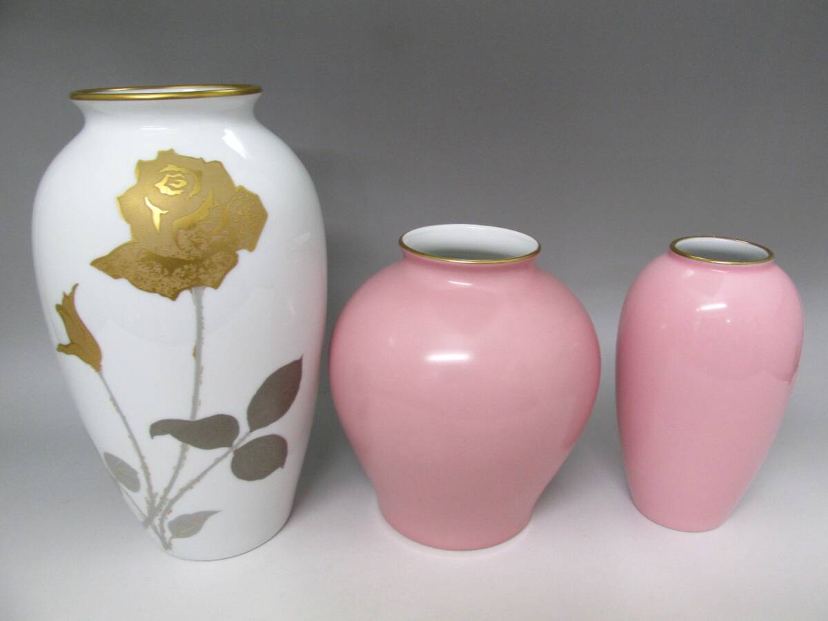 ⑧大倉陶園 ピンクの色蒔き 花瓶 高さ約15cm 希少 栗色のOKURA ⑧大倉陶園 ピンクの色蒔き 花瓶 高さ約15cm 希少 栗色のOKURA