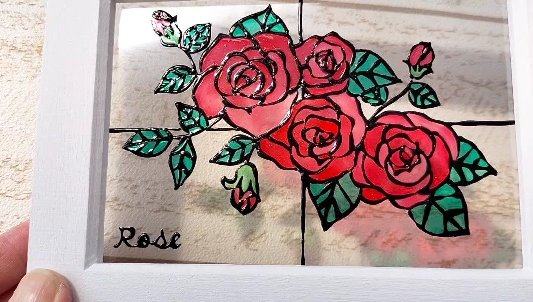 ステンドグラス風 ふんわりバラ グラスアート 薔薇 インテリア雑貨 イラスト プレゼントにも アンティーク ハンドメイド