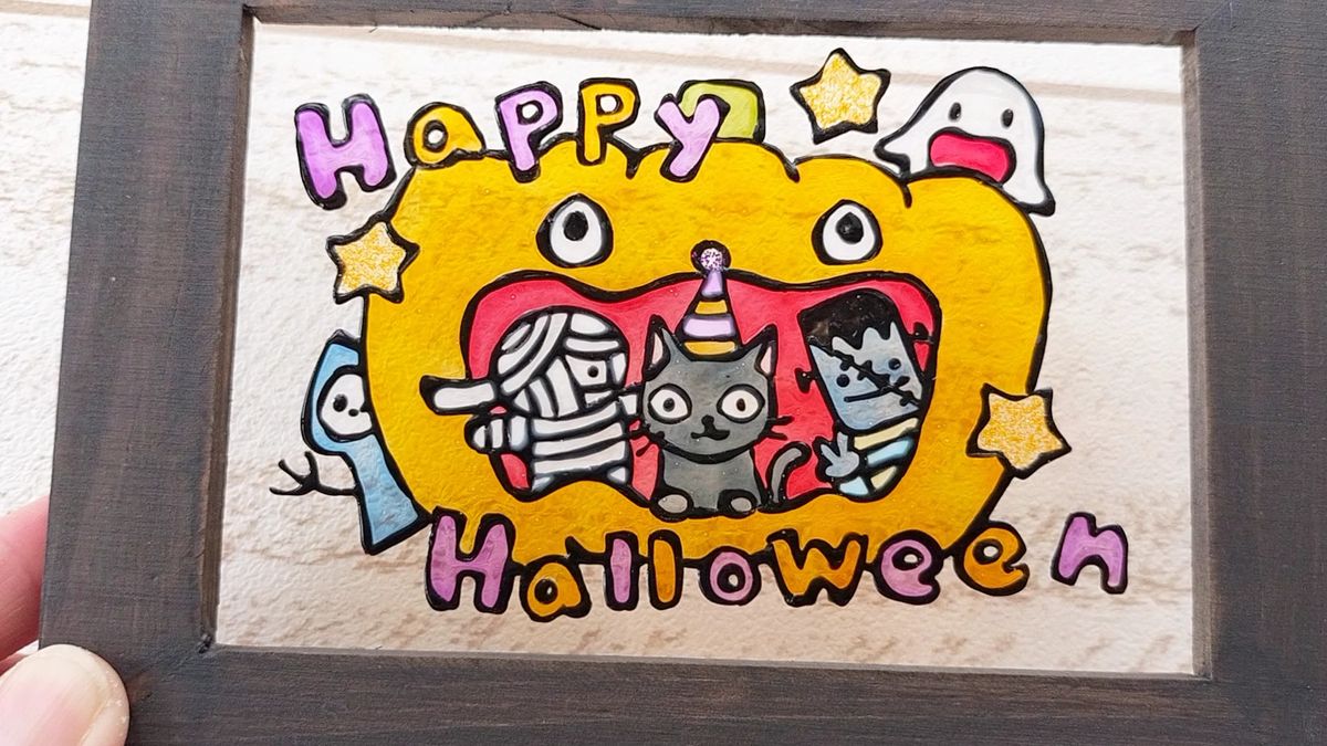ステンドグラス風 ハロウィン かぼちゃとモンスター 10月 グラスアート インテリア雑貨 イラスト プレゼントにも ハンドメイド