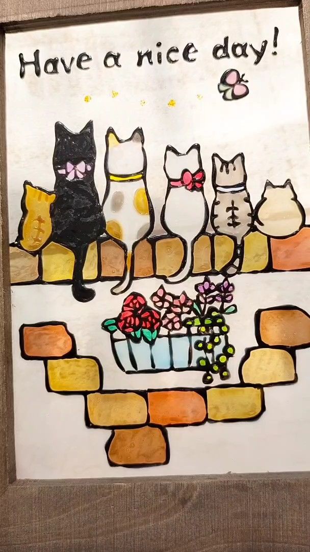ステンドグラス風 猫とレンガの壁 ブラウン系 グラスアート イラスト プレゼントにも ハンドメイドインテリア雑貨