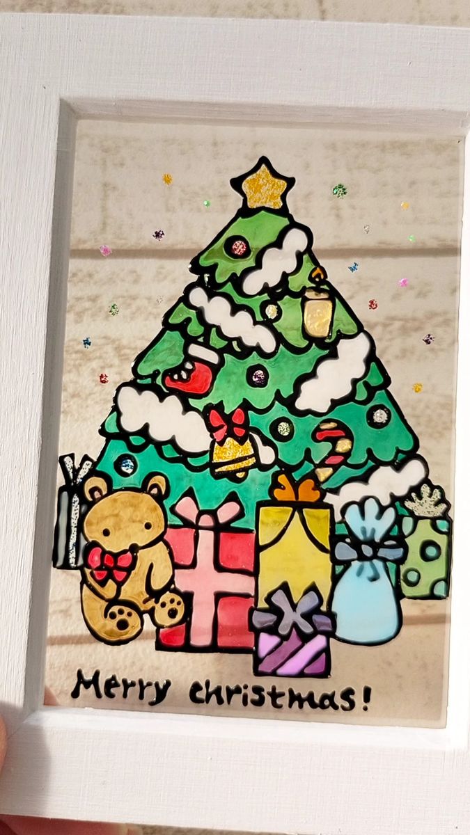 ステンドグラス風 クリスマスツリー Xmas 12月 グラスアート インテリア雑貨イラスト プレゼントにも ハンドメイド