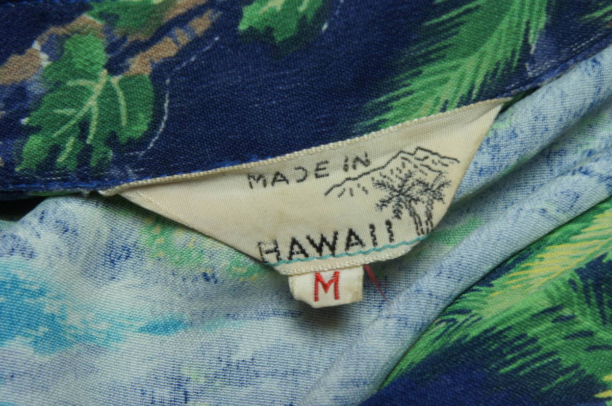 【ビンテージアロハ】 '50 '60 Made In Hawaii バンブーボタン ハワイ サイズM チリメン オープンカラー レーヨン ハワイアン_画像10