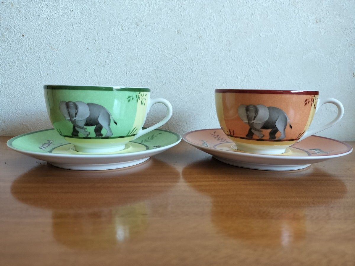 エルメスアフリカ カップ&ソーサー グリーン/イエロー 2客 エルメスアフリカ カップ&ソーサー グリーン/イエロー 2客