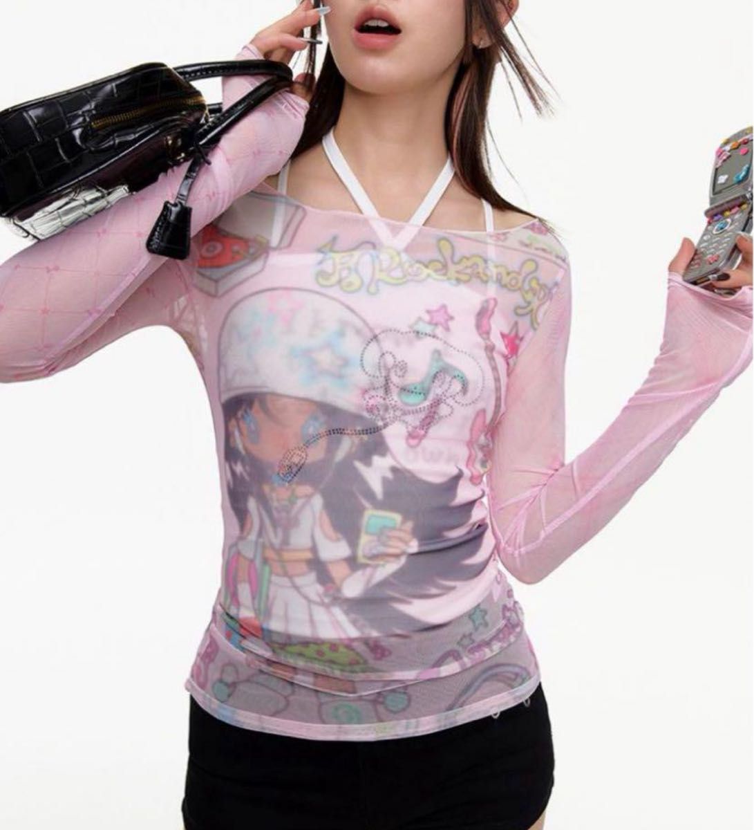 y2k 00s トップス セカンドスキン パワーネット Tシャツ ピンク y2k 00s トップス セカンドスキン パワーネット Tシャツ ピンク