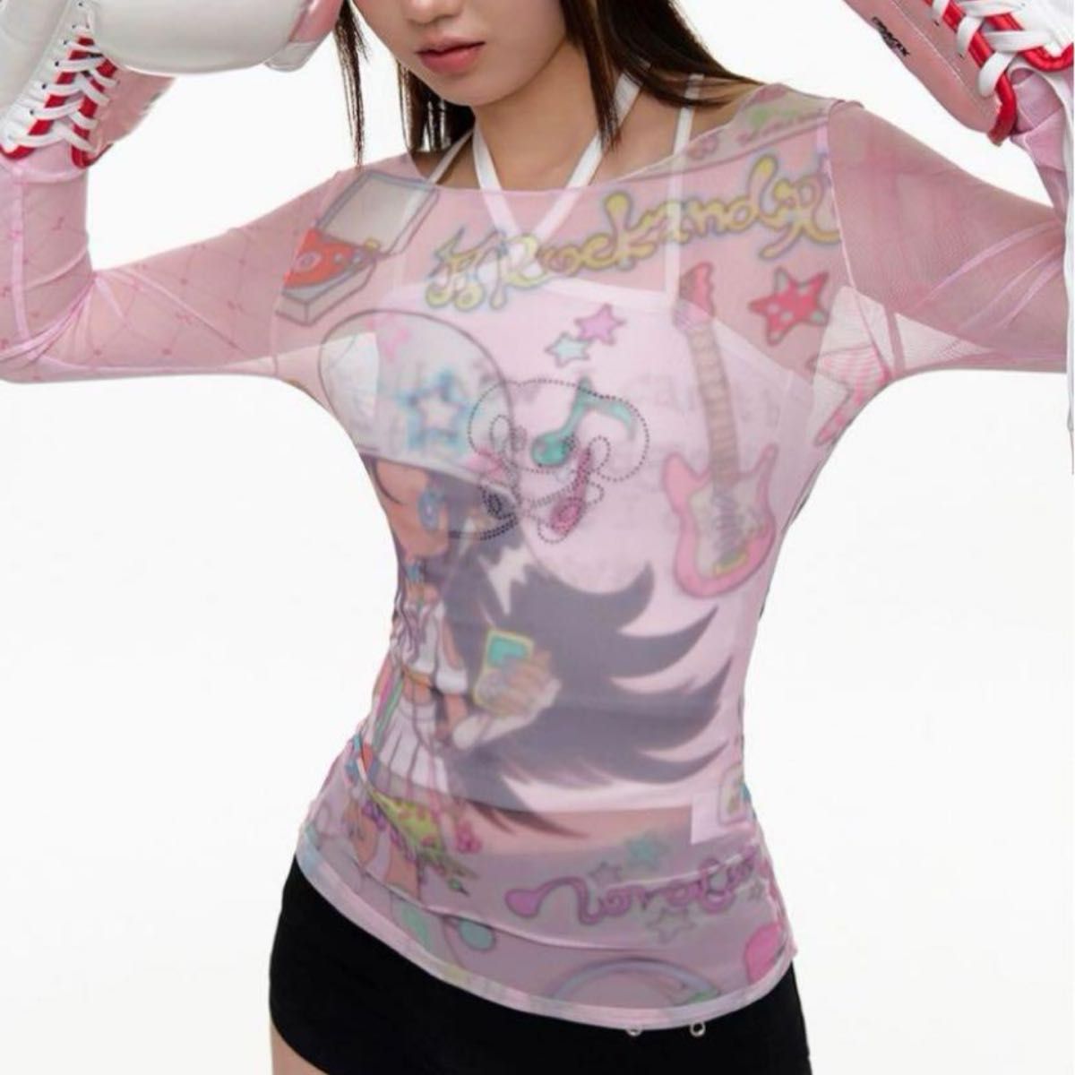 y2k 00s トップス セカンドスキン パワーネット Tシャツ ピンク y2k 00s トップス セカンドスキン パワーネット Tシャツ ピンク