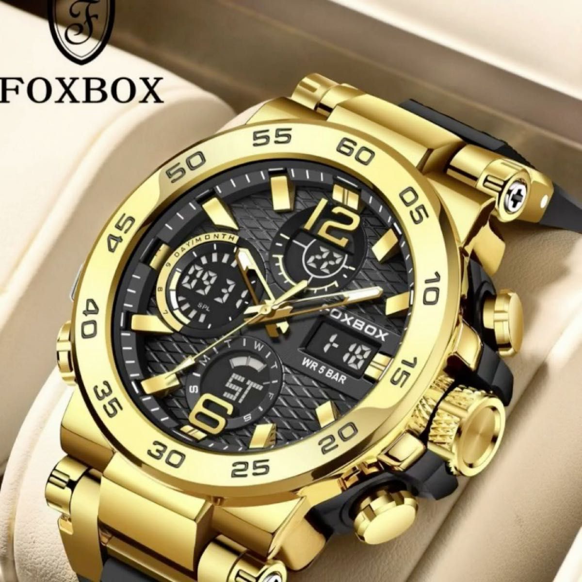 【新品】FOXBOX FB0033A メンズ腕時計 ラバーストラップ ブラック&ゴールド 箱無し