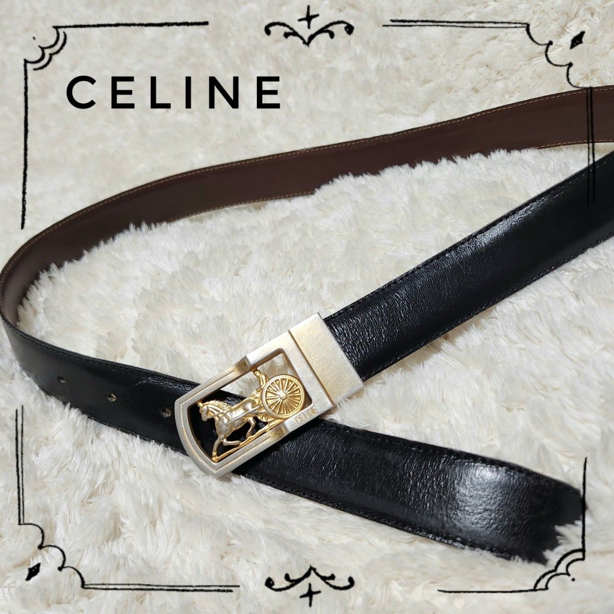CELINE セリーヌ 本革 レザー ベルト ヴィンテージ 馬車金具 黒 CELINE セリーヌ 本革 レザー ベルト ヴィンテージ 馬車金具 黒