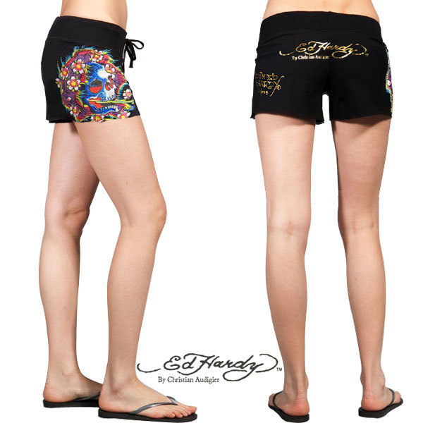 Ed Hardy　エドハーディー レディース プラチナム　ショーツ　ビューティフルゴースト　 ラインストーン付き ショート パンツ 黒　M _画像1