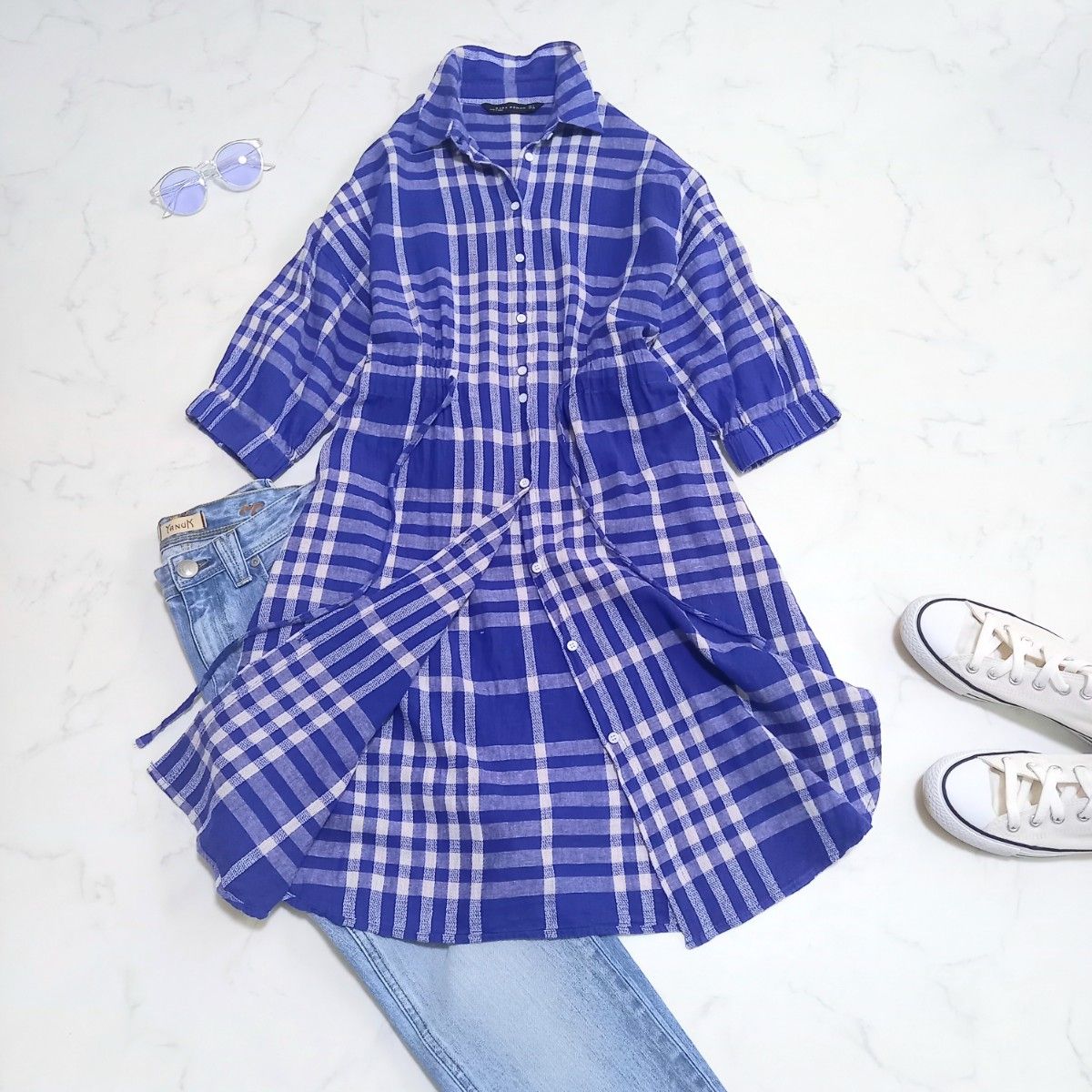 ZARA チェック柄 シャツワンピース ブルー ロングシャツ ZARA チェック柄 シャツワンピース ブルー ロングシャツ