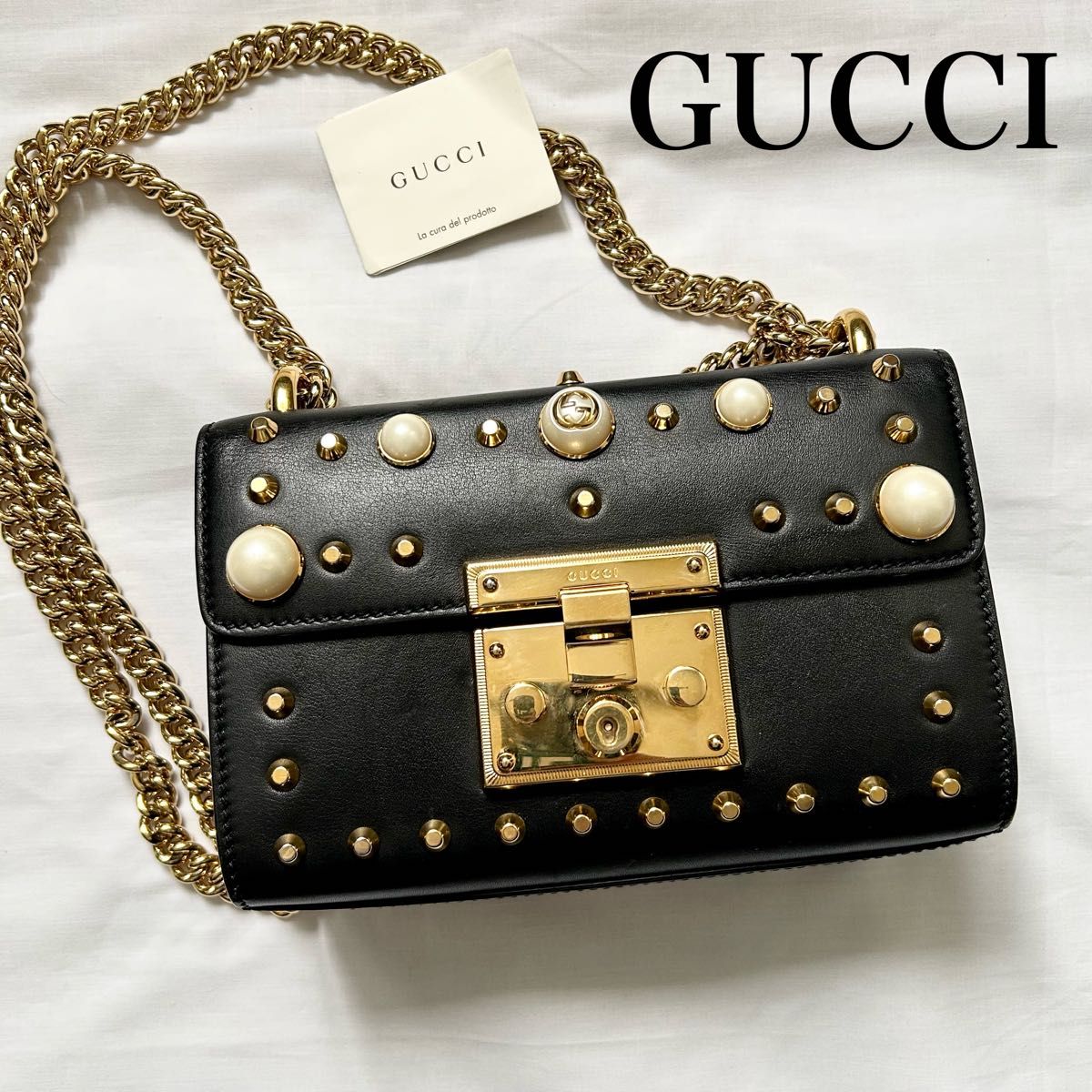 極美品 GUCCI ショルダーバッグ パドロック 黒 レザー パール 極美品 GUCCI ショルダーバッグ パドロック 黒 レザー パール
