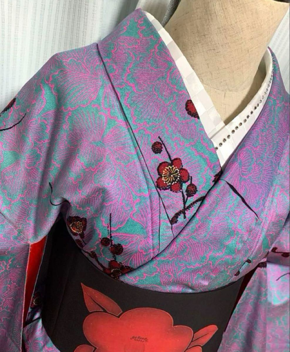 アンティーク着物 正絹 袷 小紋 薄青 ピンク 梅 大正ロマン/昭和 アンティーク着物 正絹 袷 小紋 薄青 ピンク 梅 大正ロマン/昭和