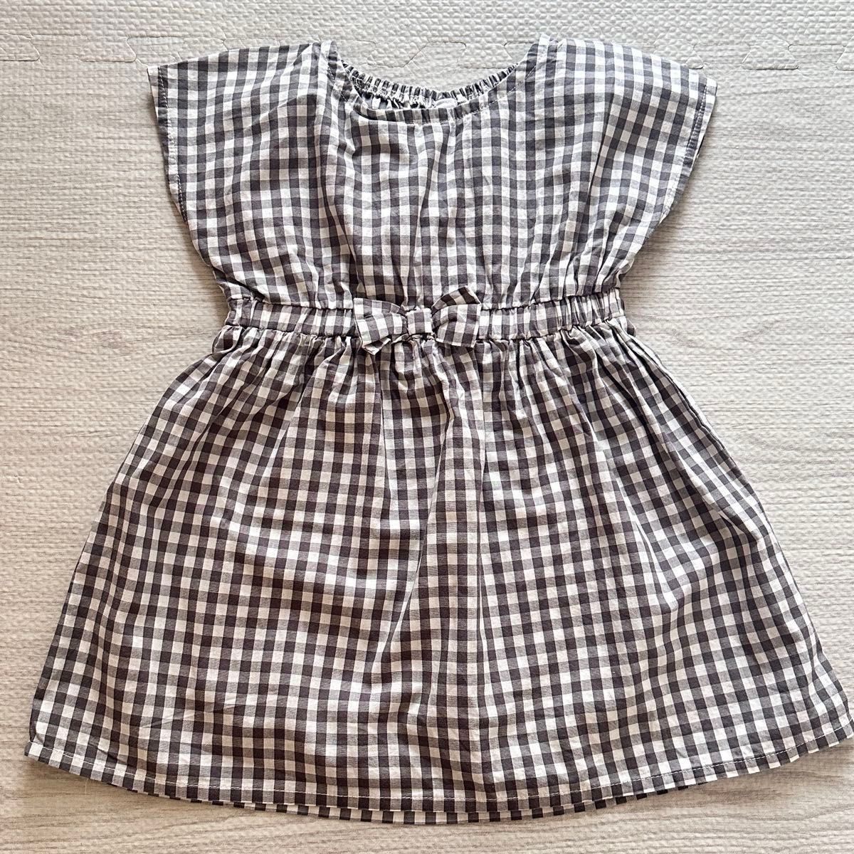 【90】西松屋　チェック柄ワンピース　チュニック　グレー