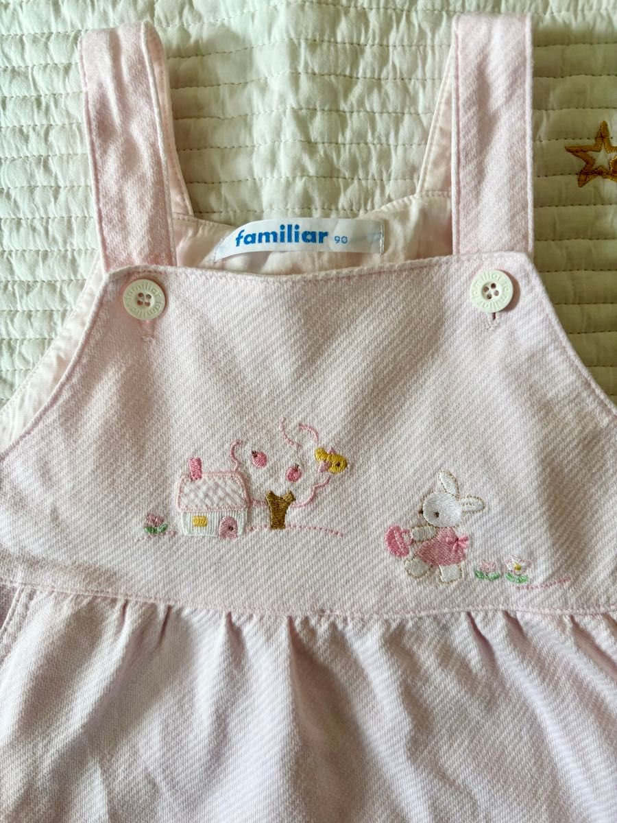 familiar ピンク ノースリーブ 刺繍 ワンピース くま うさぎ