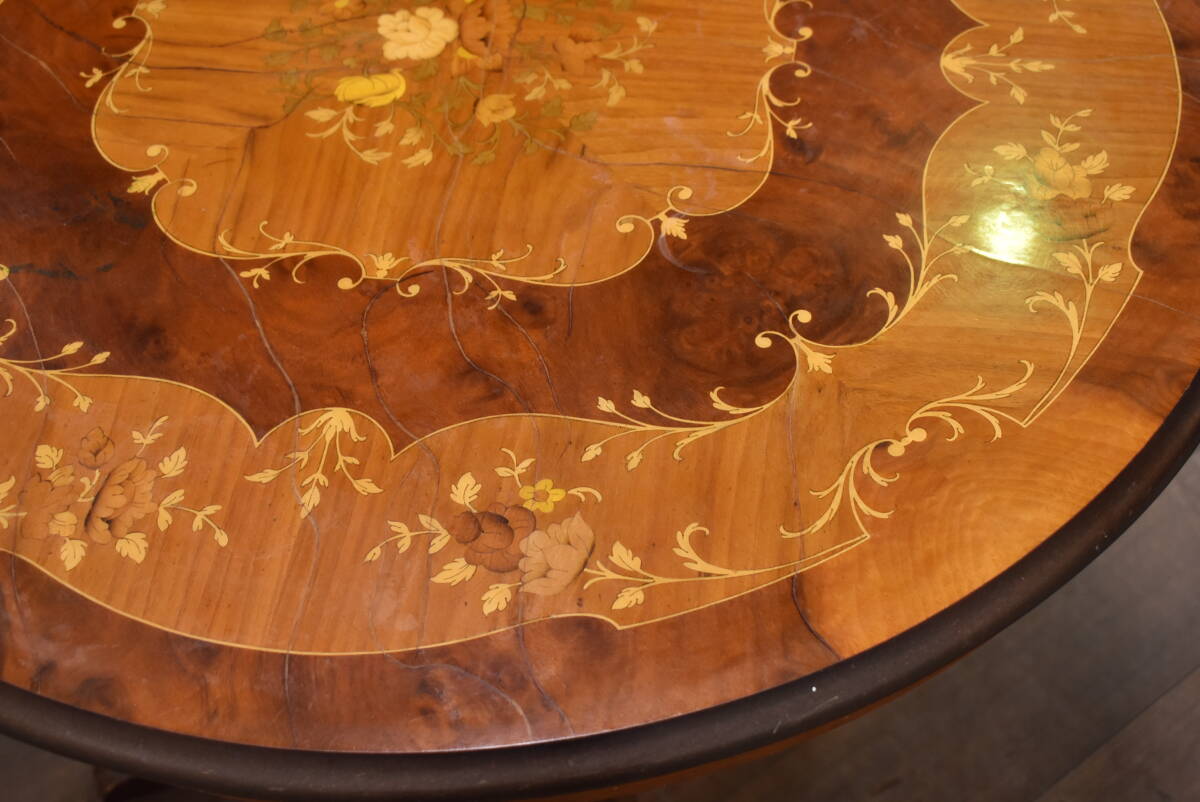 yt1441ジ イタリア製 木象嵌 アンティーク調 カフェテーブル 直径約80cm ラウンドテーブル/円形/丸型/ダイニング/クラシック家具 60606-11_画像4