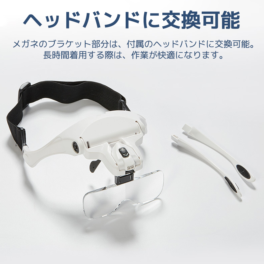拡大鏡 ルーペ メガネ型 LEDライト付き 5種類のレンズ 1倍 1.5倍 2倍 2.5倍 3.5倍 角度調(diào)整 ヘッドバンド付き 90日保証
