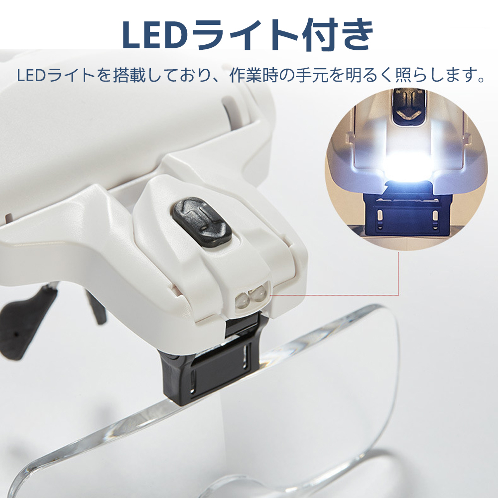 拡大鏡 ルーペ メガネ型 LEDライト付き 5種類のレンズ 1倍 1.5倍 2倍 2.5倍 3.5倍 角度調(diào)整 ヘッドバンド付き 90日保証