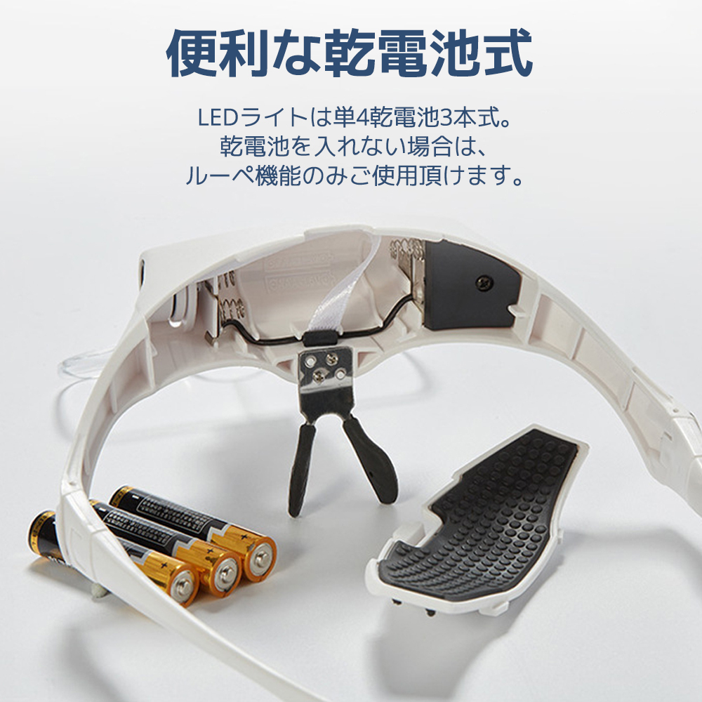 拡大鏡 ルーペ メガネ型 LEDライト付き 5種類のレンズ 1倍 1.5倍 2倍 2.5倍 3.5倍 角度調(diào)整 ヘッドバンド付き 90日保証