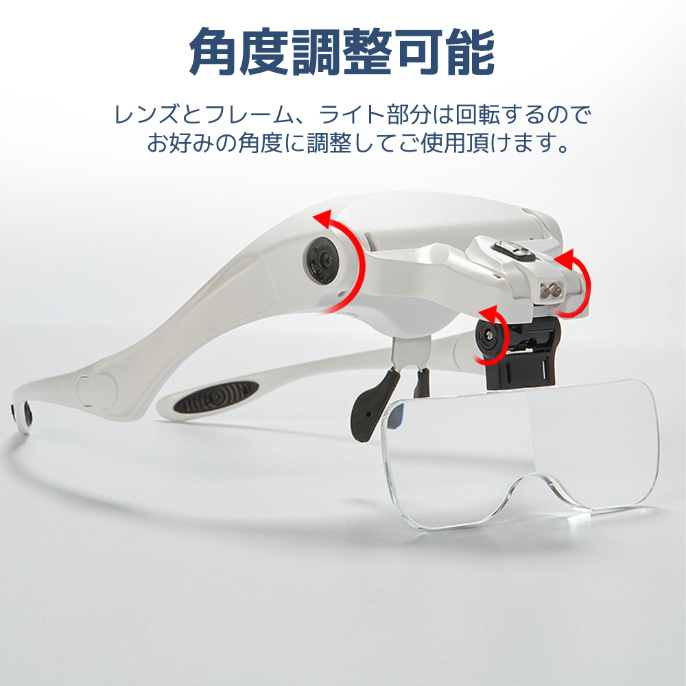 拡大鏡 ルーペ メガネ型 LEDライト付き 5種類のレンズ 1倍 1.5倍 2倍 2.5倍 3.5倍 角度調(diào)整 ヘッドバンド付き 90日保証