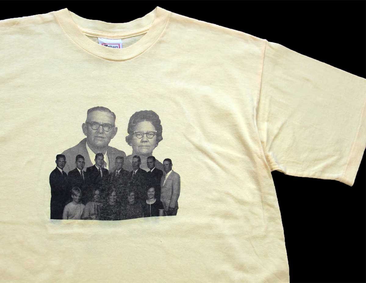 ★90s USA製 MILLS FAMILY REUNION 1998 フォトプリント コットTシャツ 薄黄 L★オールド ビンテージ ファミリー 写真 モノクロ クラシック