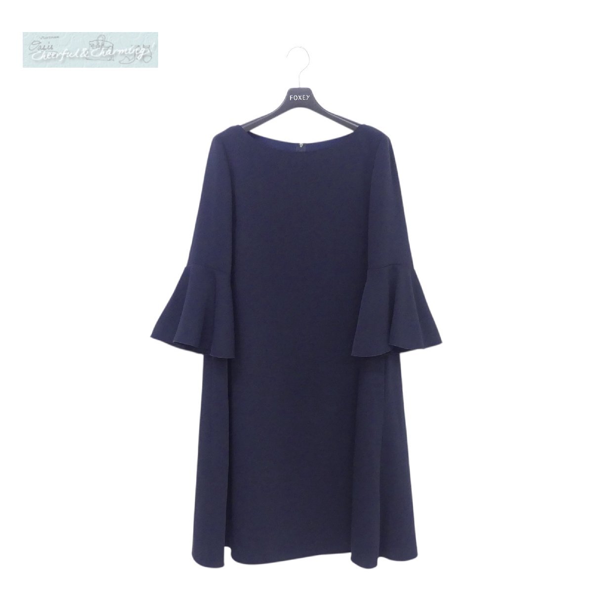 FOXEY NEWYORK ワンピース ドレス シェール 42 百貨店限定ネイビー ポリエステル Aライン ラッフル袖 45202 '25年商品