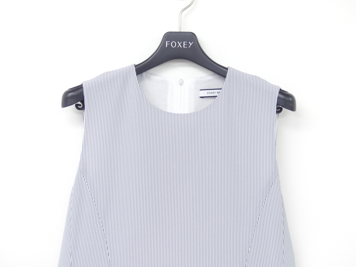 FOXEY NEWYORK ウィスパードレス ワンピース 42 デニムブルー ストライプ ポリエステル '22年商品 42640