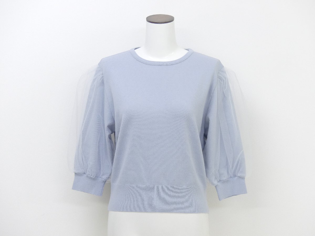 未使用 FOXEY ニットトップ バルーン 38 ソフィーブルー レーヨンBLEND パフスリーブ×チュール袖 '25年増産 41847