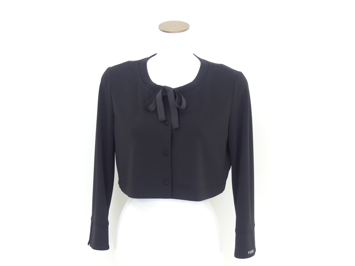 FOXEY NEWYORK レディボウジャケット 38 ブラック マットストレッチジャージ#袖口ロゴ刺繍#リボン '19年4月DM掲載 39438