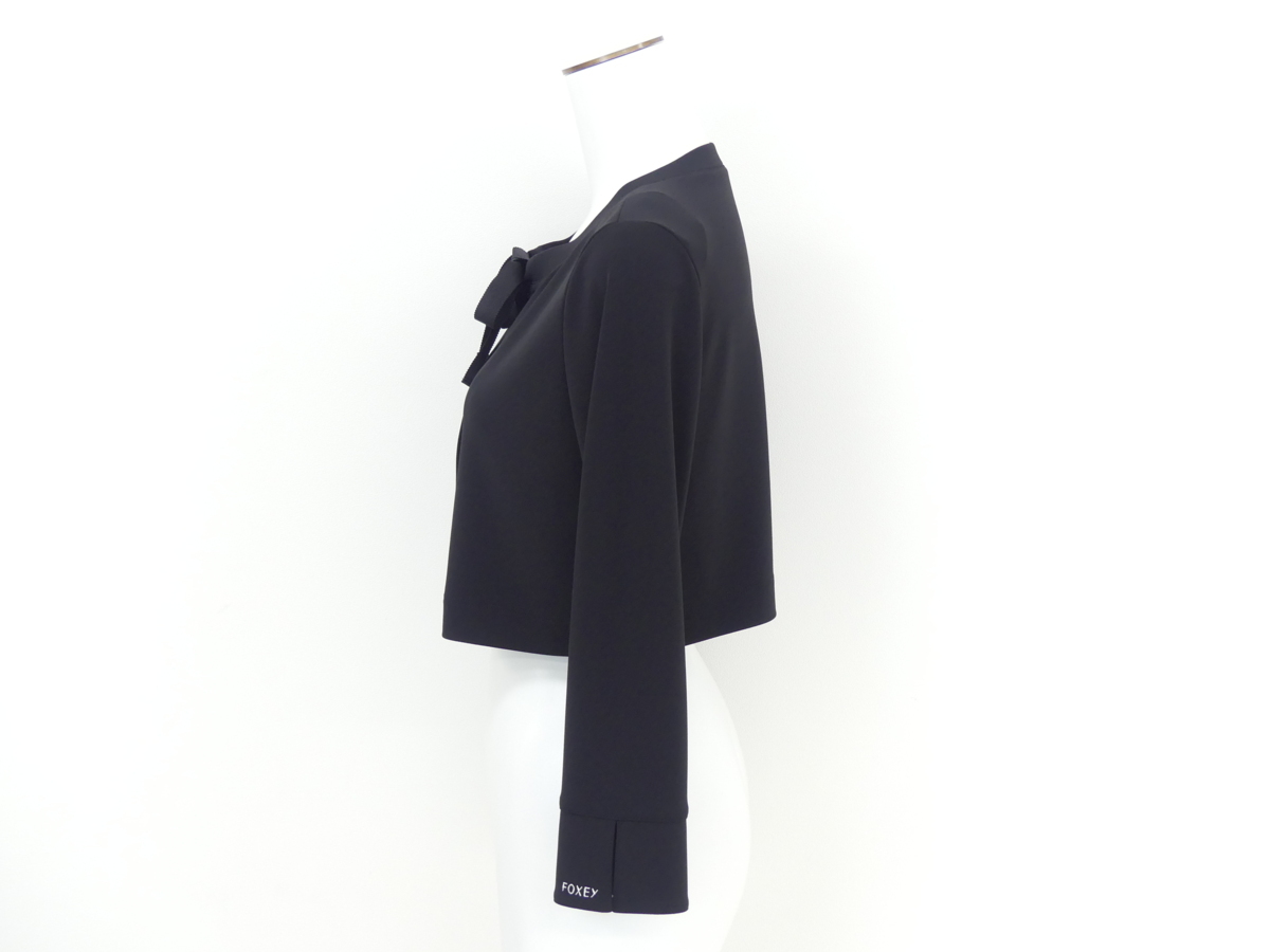 FOXEY NEWYORK レディボウジャケット 38 ブラック マットストレッチジャージ#袖口ロゴ刺繍#リボン '19年4月DM掲載 39438