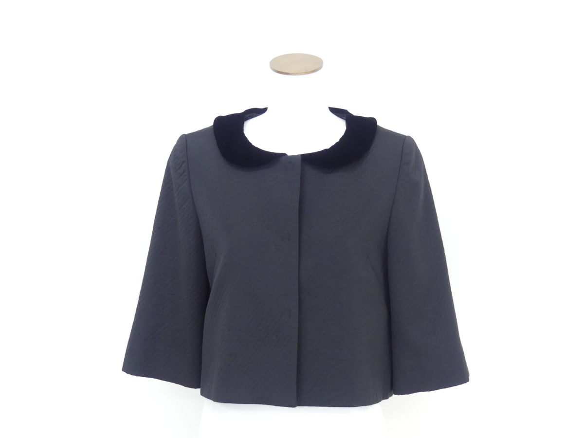 FOXEY ジャケット ダイヤモンドマトラッセ 40 ブラック コットンBLEND×ベロア衿#リボンブローチ付 33647