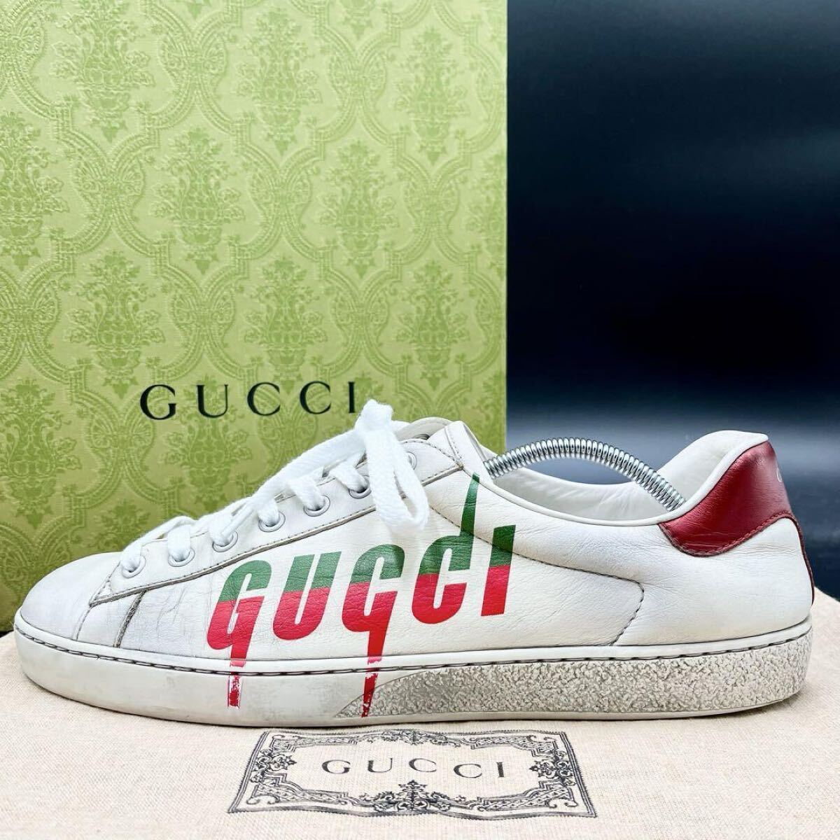 1円 【美品】 GUCCI グッチ 【圧倒的高級(jí)感】 メンズ ブレード エース サイドロゴ スニーカー シューズ 靴 ホワイト 白 レザー 29cm相當(dāng)