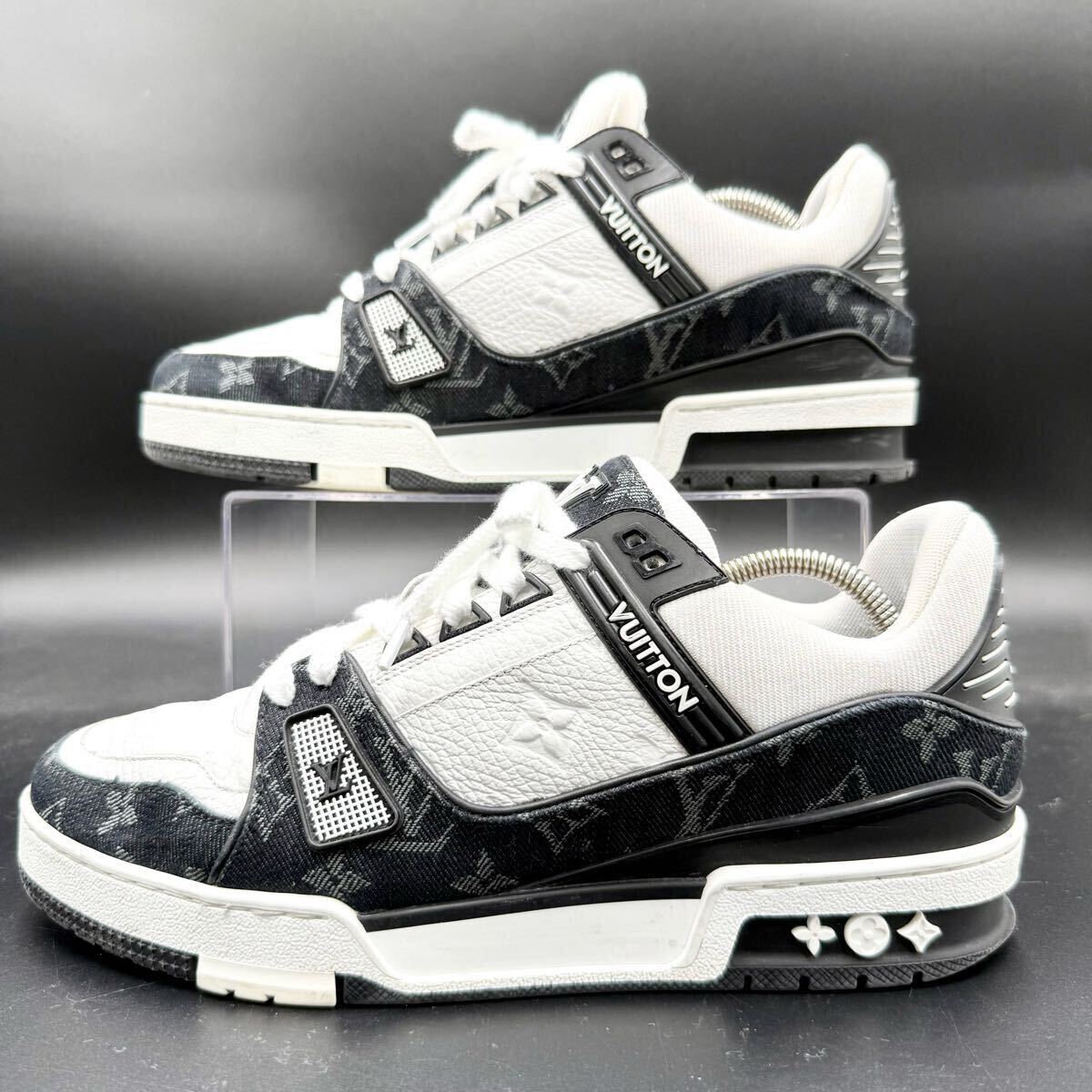 1円 【美品】 LOUIS VUITTON ルイヴィトン LVトレイナー モノグラム エンボス デニム メンズ スニーカー シューズ 靴 ブラック 25cm相當(dāng)