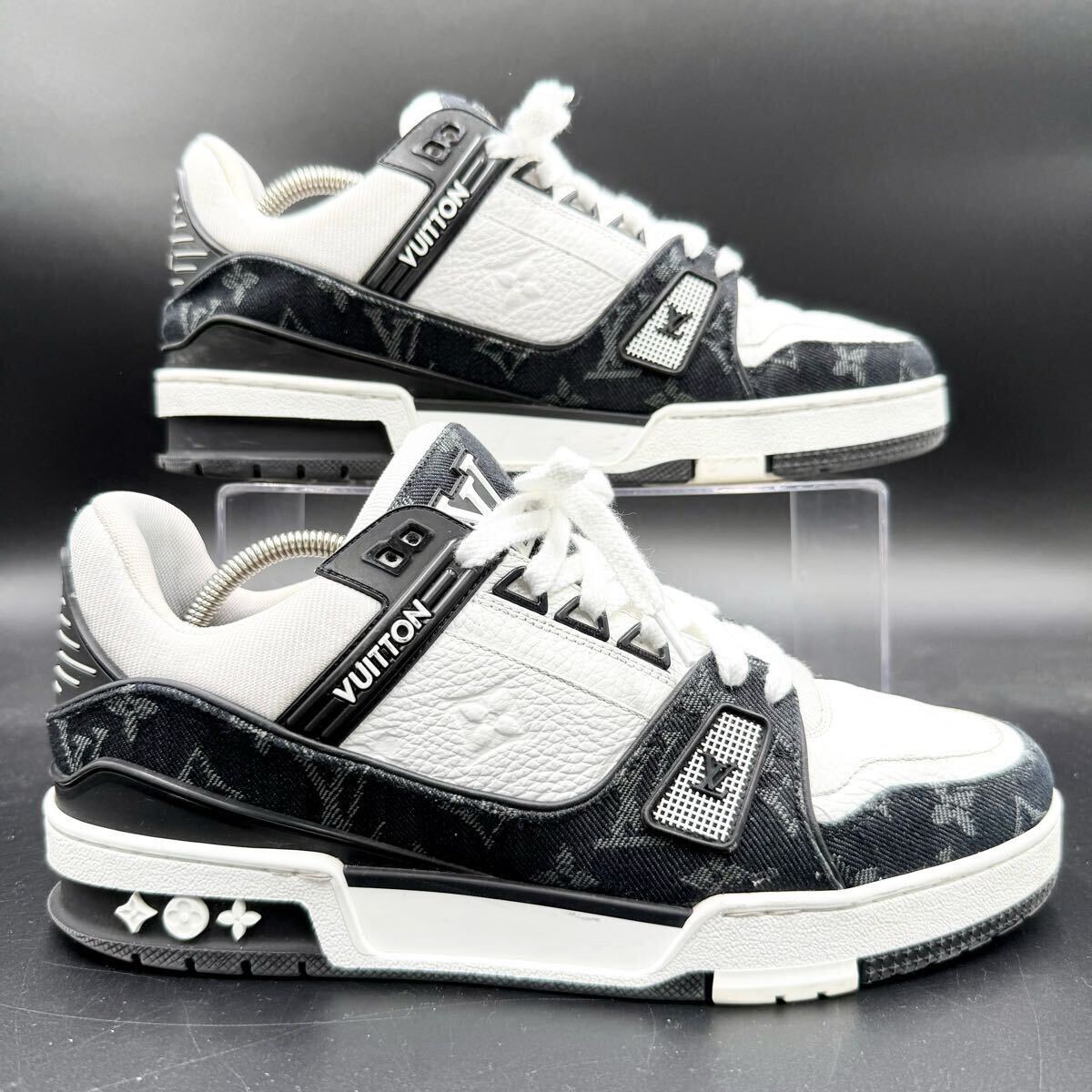 1円 【美品】 LOUIS VUITTON ルイヴィトン LVトレイナー モノグラム エンボス デニム メンズ スニーカー シューズ 靴 ブラック 25cm相當(dāng)