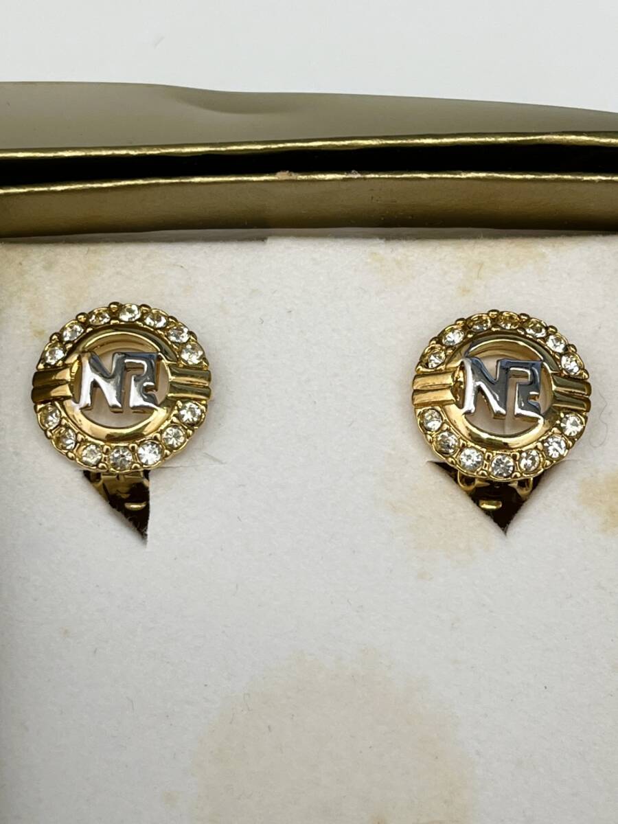 【中古】ニナリッチ NINA RICCI ゴールド ラインストーン NR ロゴ ネックレス ピアス セット STG2843
