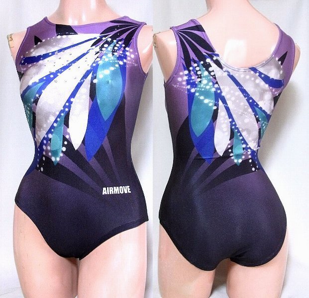 女子 AIRMOVE ラインストーン付き花びらデザイン紫黒レオタード