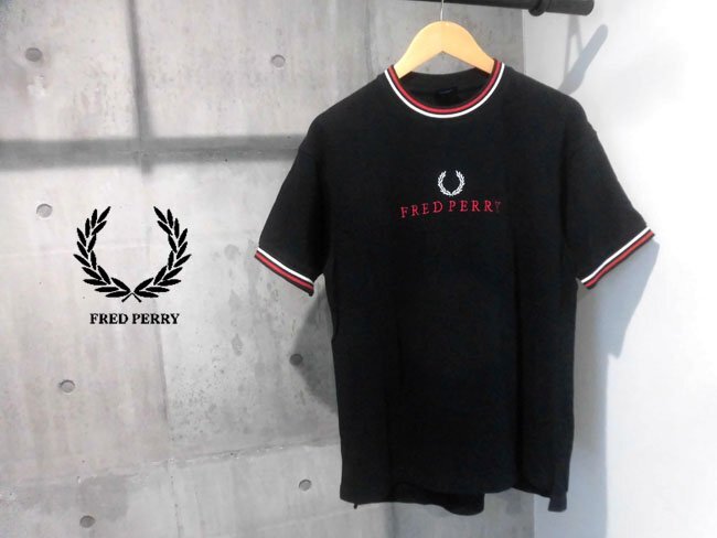 FRED PERRYフレッドペリー リブライン 月桂樹 センターロゴ刺繍 カノコ 半袖 Tシャツ/メンズM程度/リンガーTシャツ/ブラック/メンズ/日本制