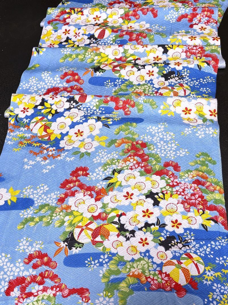 古布＊縮緬＊和素材】正絹紋錦紗＊桜に紙風船 ヱ霞 可愛い
