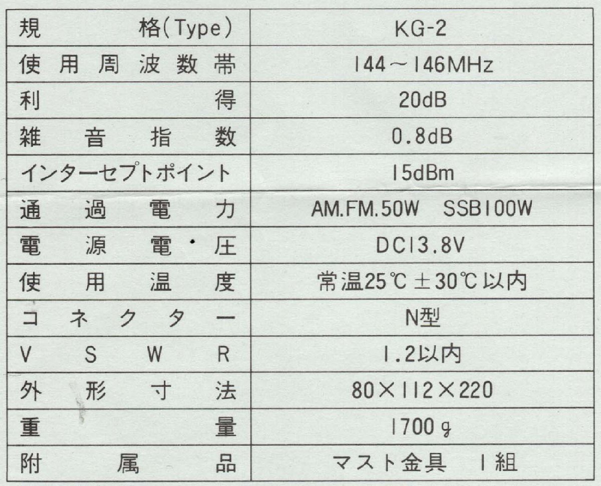 KG-2【クラニシ】 144MHz帯　アンテナ直下型受信アンプ　壊れています。 　現(xiàn)狀渡し品