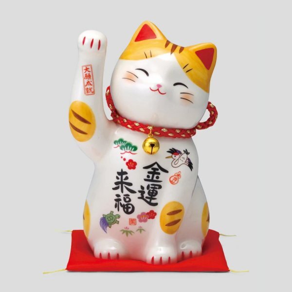 薬師窯 彩絵金運來福招き貓(鈴付?大?貯金箱)18.5㎝ 右手挙げは金運招き 運気上昇 金招き 瀬戸物 縁起物 陶器 まねきねこ おしゃれ モダン