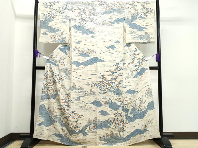 平和屋着物■上質な小紋　風景花松文　鬼しぼ縮緬　正絹　逸品　未使用　AAAM1557Agk 平和屋着物▽上質な小紋 単衣 型染め 風景草花文 鬼しぼ