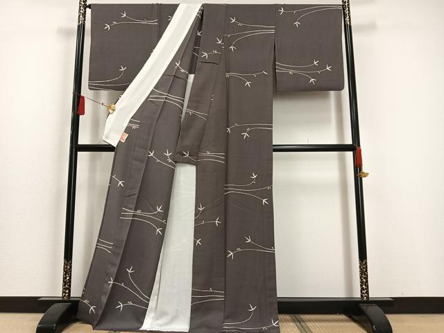 平和屋著物▽上質(zhì)な小紋　単衣　一珍染め　草花文　ロング丈　正絹　逸品　AAAT4618oa