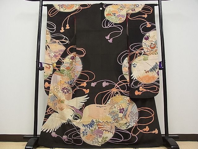  flat мир магазин головной офис # первоклассный античный Taisho роман кимоно с длинными рукавами рука .. пешка вышивка . журавль пейзаж колокольчик документ .. окраска чёрный металлы . замечательная вещь CYAA0486s4