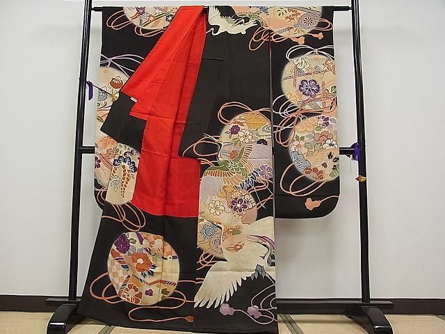  flat мир магазин головной офис # первоклассный античный Taisho роман кимоно с длинными рукавами рука .. пешка вышивка . журавль пейзаж колокольчик документ .. окраска чёрный металлы . замечательная вещь CYAA0486s4