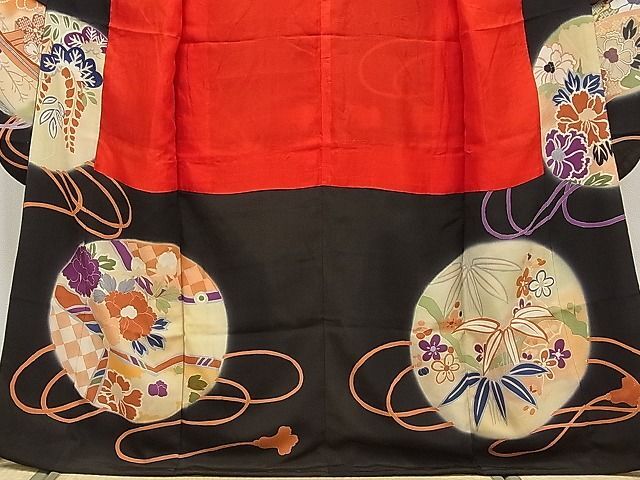  flat мир магазин головной офис # первоклассный античный Taisho роман кимоно с длинными рукавами рука .. пешка вышивка . журавль пейзаж колокольчик документ .. окраска чёрный металлы . замечательная вещь CYAA0486s4
