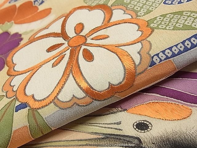  flat мир магазин головной офис # первоклассный античный Taisho роман кимоно с длинными рукавами рука .. пешка вышивка . журавль пейзаж колокольчик документ .. окраска чёрный металлы . замечательная вещь CYAA0486s4