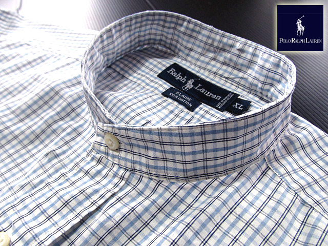 ★100円スタート！ラルフローレン RALPH LAUREN バンドカラーシャツ 半袖 XLサイズ 希少品 ハンサムチェック ブルー×ブラック×ホワイ???