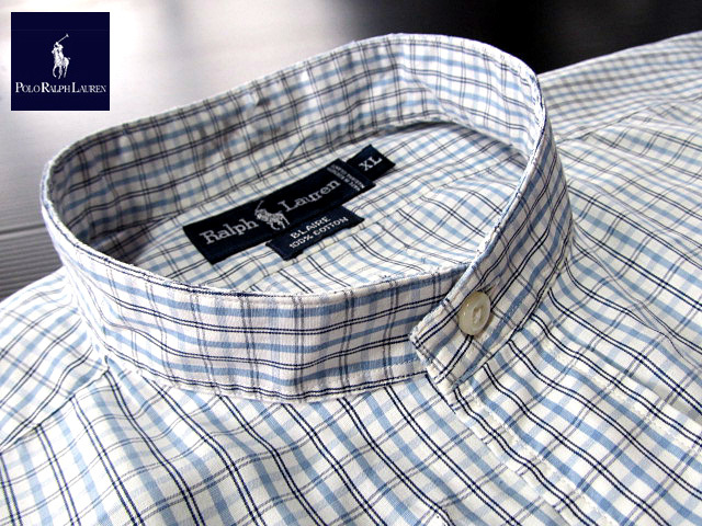 ★100円スタート！ラルフローレン RALPH LAUREN バンドカラーシャツ 半袖 XLサイズ 希少品 ハンサムチェック ブルー×ブラック×ホワイ???